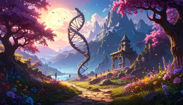 A surreal landscape with a giant DNA helix, framed by blossoming trees and towering mountains under a setting sun