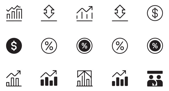 Business and finance icon set with growth charts and percentage symbols for data analysis.