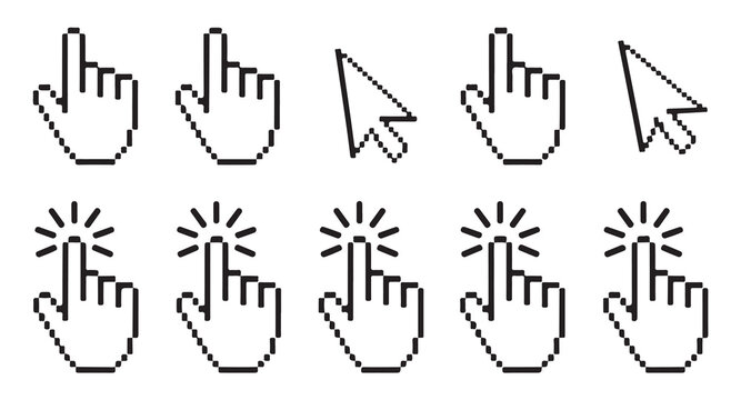 Pixelated cursor icons hand pointer and selection tool graphics vector illustrations.