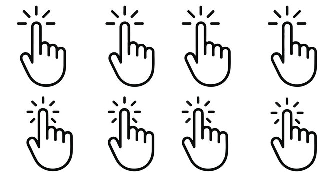 Clicking hand cursor icon set pointer finger action tap selection icon.