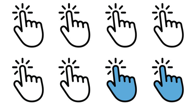 Clicking hand cursor icon set pointer finger action tap selection icon blue.