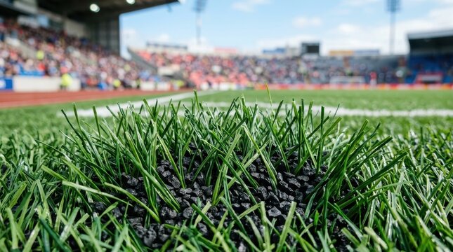 Close-up of synthetic soccer field with blurred stadium and crowd in the background