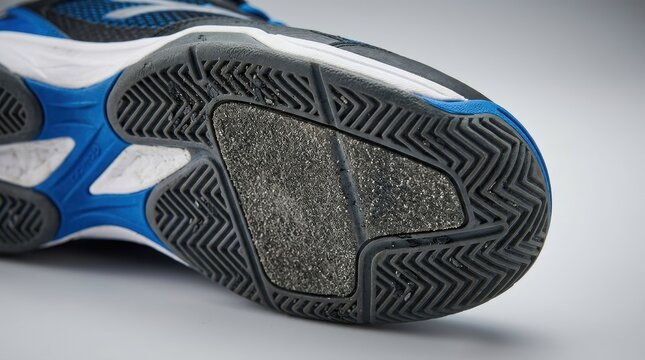 Close-up view of the textured sole of an athletic shoe with a focus on grip and traction elements