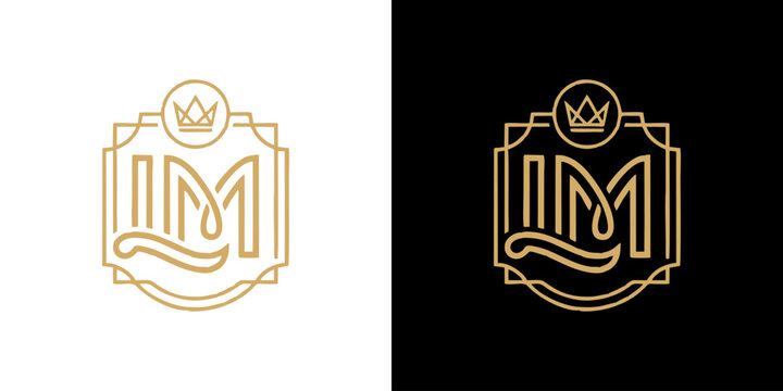 Exquisite golden letter M monogram design featuring a regal crown and an elegant decorative frame, symbolizing luxury and sophisticated identity
