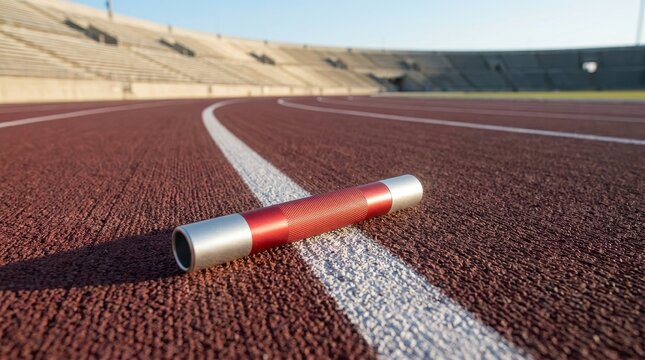 Red and silver relay baton resting on a running track lane in a stadium