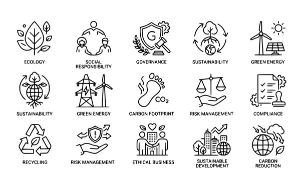 ESG flat line icon set ecology environment governance vector collection