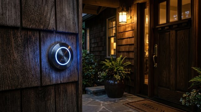 Illuminated modern doorbell button with blue glow on rustic wooden door at night