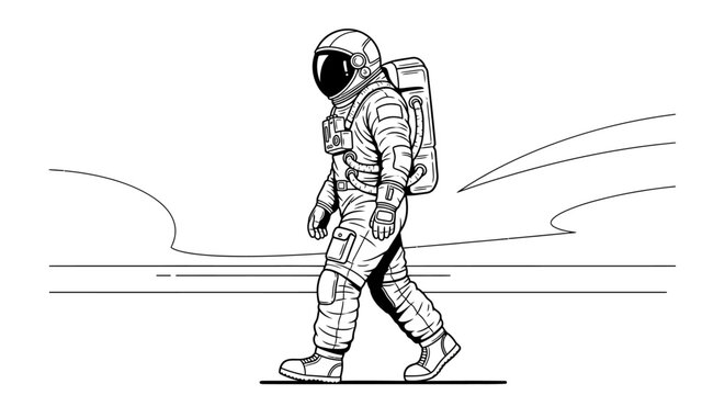 Astronaut walking on planetary surface line art illustration