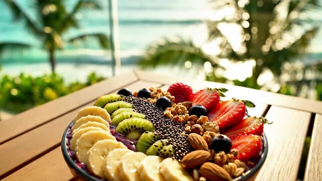 A vibrant fruit platter on a wooden table overlooking a serene tropical beach