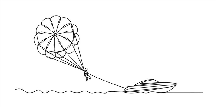 Continuous line drawing of a person parasailing behind a motorboat on the water