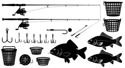 Fishing Gear and Fish Silhouettes: Rods, Reels, Hooks, Baskets, and Carp © lobes