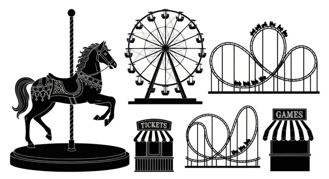 Amusement Park Silhouettes: Carousel, Ferris Wheel, Roller Coaster, Games
