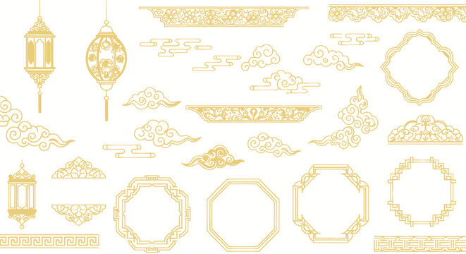 Golden Chinese Ornaments: Lanterns, Clouds, Frames, Borders - Vector Set