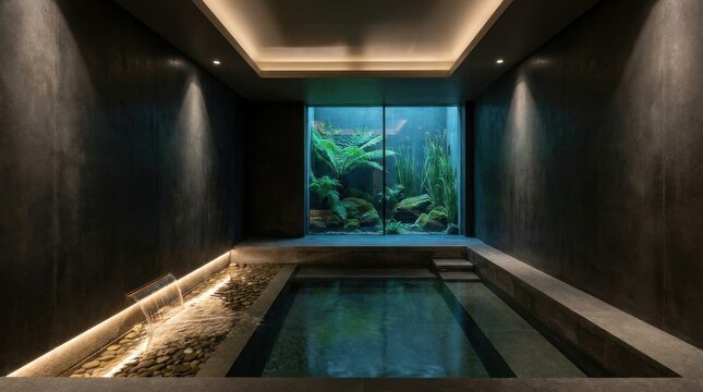 Modern Interior Design Features a Tranquil Aquarium and Reflective Pool with Integrated Ambient Lighting