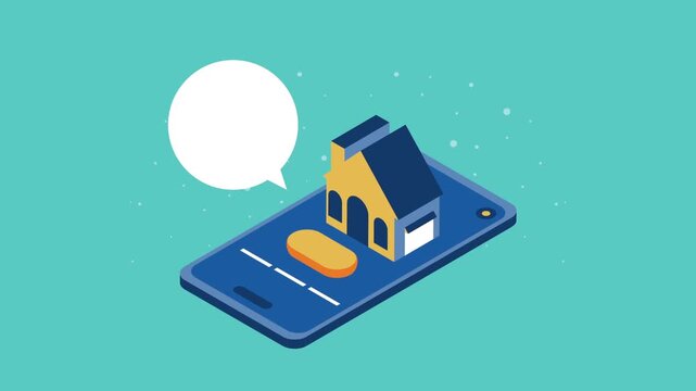 Smartphone displaying a 3d isometric house model with an empty speech bubble, representing real estate app or property search concept in a dynamic motion clip.