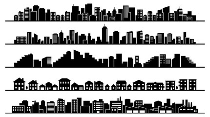 Detailed set of black city skyline silhouettes featuring various urban buildings and residential houses in a clean vector illustration format © Vectscape