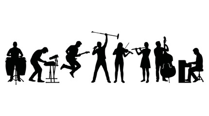 Silhouette collection of diverse musicians playing various instruments together in a creative musical performance for a lively concert band show © Vectscape