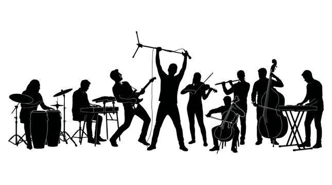 Silhouetted musical band members performing together on stage playing various instruments including drums guitar violin double bass and a singer