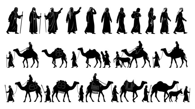 Collection of black silhouettes featuring desert travelers and camels walking in a group for various traditional middle eastern cultural designs