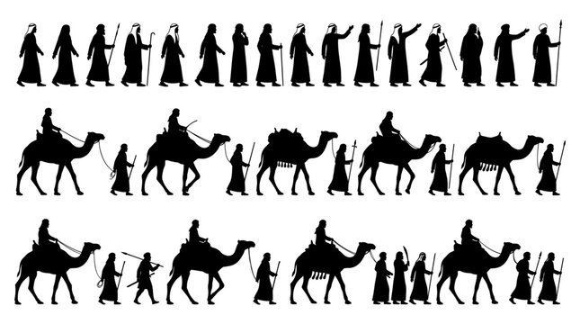 Silhouette collection of traditional desert travelers walking and riding camels across the sandy dunes in a creative vector illustration design