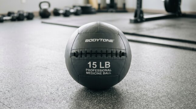 A 15 LB Black Bodytone Professional Medicine Ball for Strength Training in a Gym Setting