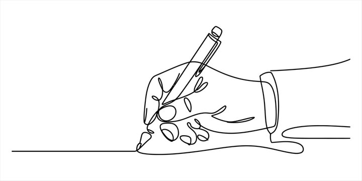 Continuous single line drawing of a human hand writing with a pen