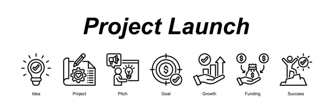 Project Launch web banner icon concept for with icon of Idea, Project, Pitch, Goal, Growth, Funding, Success.