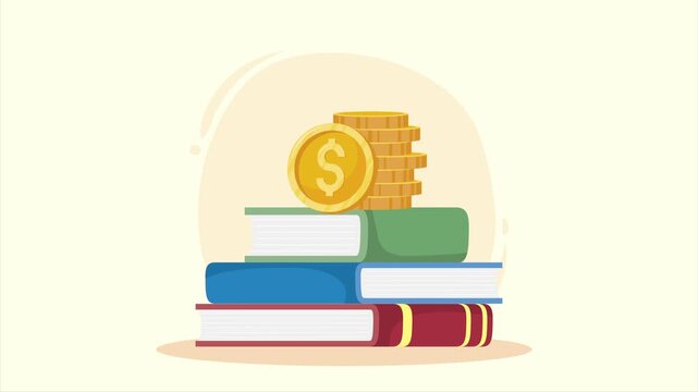 Animation of books stacking with gold coins appearing on top representing educational investment.