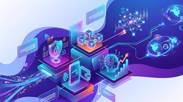 Futuristic Holographic Digital Interface Featuring Icons of Technology and Data Flowing in a Vibrant Blue Background