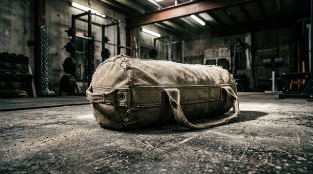 A worn canvas duffel bag sits on the floor of a gritty gym, ready for a challenging workout session.