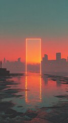 Fototapeta premium Glowing neon door above Manchester skyline at sunset, vibrant cityscape with warm sky and modern urban buildings