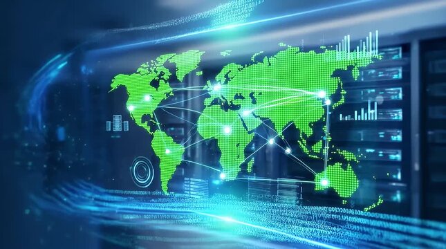 Futuristic Holographic World Map with Glowing Data Connections Floating in a Dimly Lit Server Room