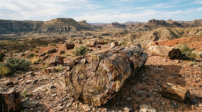 Ancient Petrified Wood Log in Arid Desert Landscape Under a Cloudy Sky