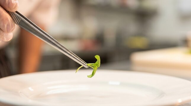 Chef using tweezers to carefully place microgreens garnish on a white plate