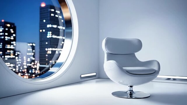 A futuristic interior with a sleek chair near a circular window overlooking city lights