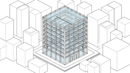 Fototapeta premium modern transparent glass office building with steel structure in urban cityscape