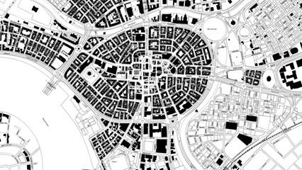 black and white aerial map of urban city area with dense buildings and streets © Genji Jh