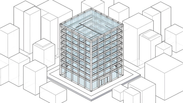 modern transparent glass office building with steel structure in urban cityscape