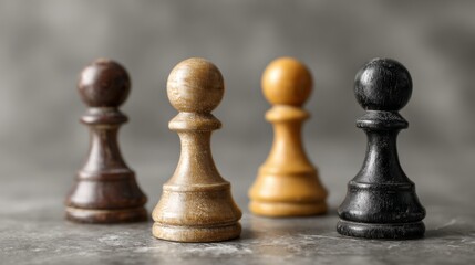 Colorful diversity concept with four pawn figurines symbolizing equality inclusion unity teamwork and multicultural community on grey background minimal creative social representation design