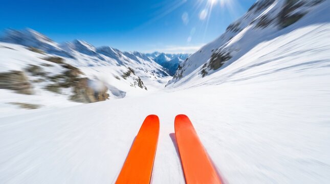 First person point of view of orange skis going fast down a snowy mountain slope
