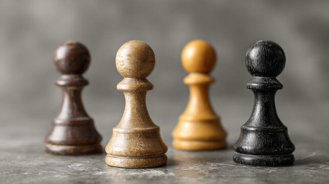 Colorful diversity concept with four pawn figurines symbolizing equality inclusion unity teamwork and multicultural community on grey background minimal creative social representation design