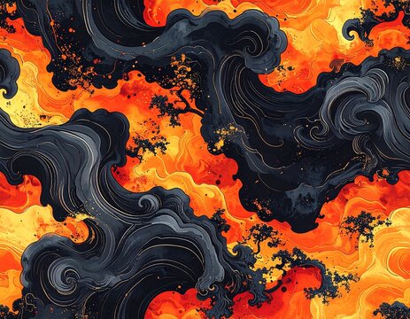 Molten lava flow pattern in traditional Japanese ukiyo-e style