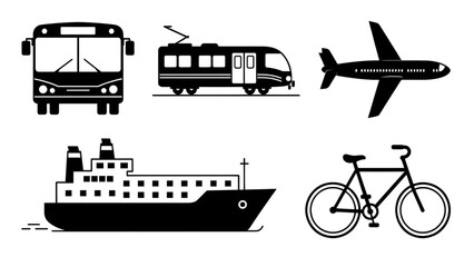black and white icons of bus, train, airplane, ship, and bicycle transport modes © Badrul Ay