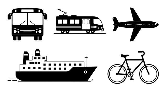 black and white icons of bus, train, airplane, ship, and bicycle transport modes