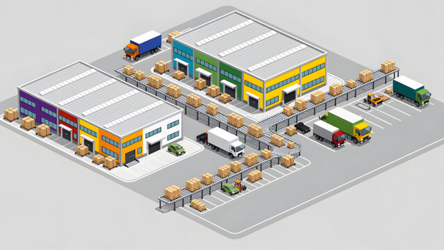 isometric warehouse logistics with colorful buildings pallets trucks loading zone