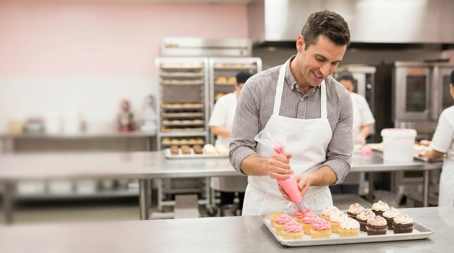 Happy male pastry chef decorating cupcakes with pink icing in a commercial bakery kitchen