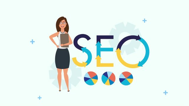 Businesswoman stands next to a large animated SEO text with arrows, gears, and pie charts indicating growth and strategy, ideal for digital marketing concepts.