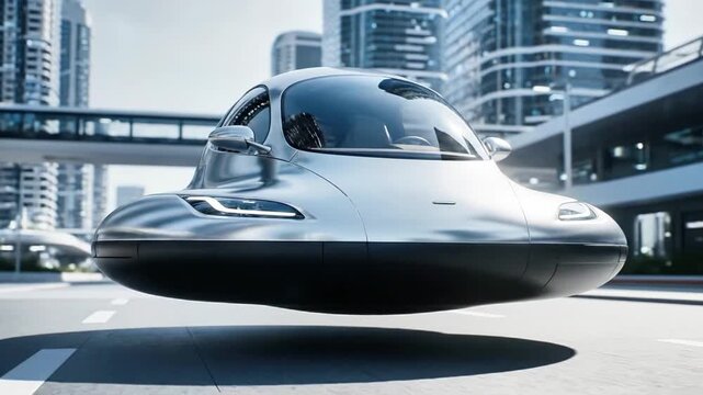 A sleek, futuristic vehicle with a rounded body and tinted windshield parked on a city street with modern skyscrapers in the background