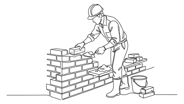 A construction worker building a brick wall.