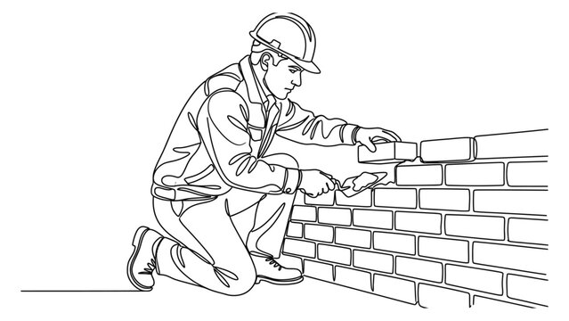A construction worker building a brick wall.